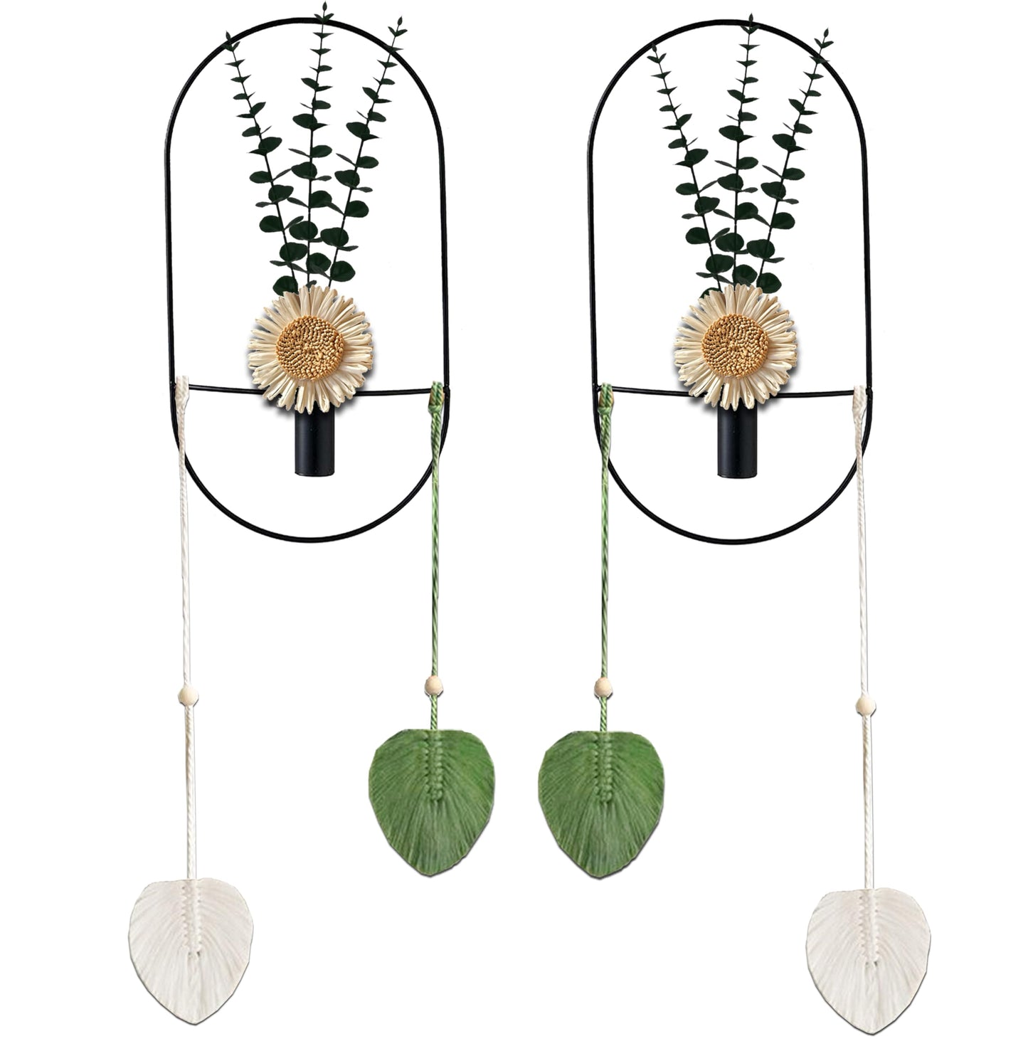 Black Wall Mounted Metal Planter, 2 Piece Set, Large Wall Hanging Vase with Faux Plants, Plant Wall Decor for Living Room, Bedroom, Bathroom, Dining Room