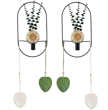 Black Wall Mounted Metal Planter, 2 Piece Set, Large Wall Hanging Vase with Faux Plants, Plant Wall Decor for Living Room, Bedroom, Bathroom, Dining Room