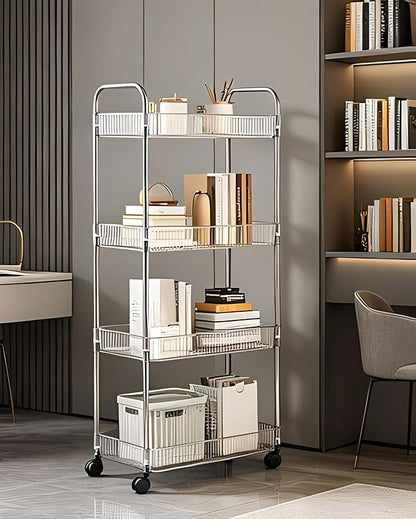 Sooyee Clear 4-Tier Plastic Rolling Utility Cart with Wheels, Multi-Functional Storage Trolley for Office, Living Room, Kitchen, Movable Storage Organizer with Wheels
