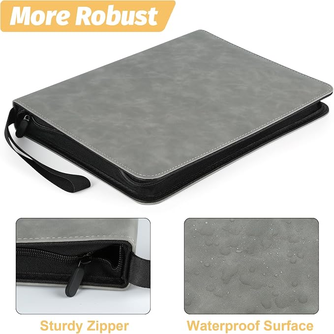 GERMUN 3 Ring 9 Pocket Zipper Card Binder, 720 Double Sided Standard PU Trading Card Album Folder for TCG & Sports Cards, Not Fit Top Loaders (Grey1)