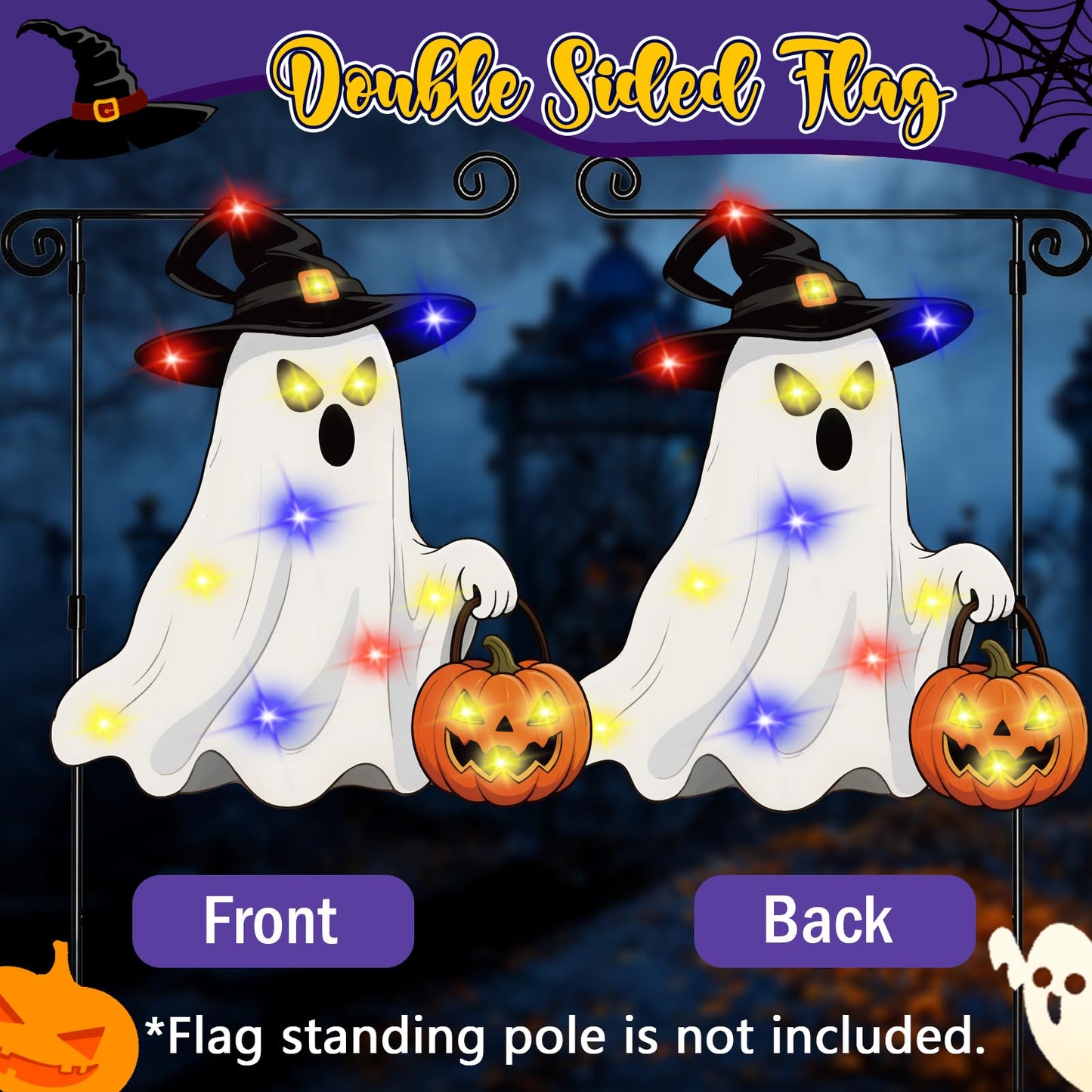 GOAUS Halloween Garden Flag Solar Lighted, Witch Ghost Decorations Outdoor, Double Sided Oxford Decorative Flag for Lawn Yard Outside Decor, 12x18 Inches