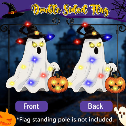 GOAUS Halloween Garden Flag Solar Lighted, Witch Ghost Decorations Outdoor, Double Sided Oxford Decorative Flag for Lawn Yard Outside Decor, 12x18 Inches