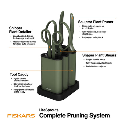 Fiskars Indoor Plant Care 3-Piece Set, Precision Gardening Tools with Nesting Storage Caddy, Detail Snips, Stem Shears & Bypass Pruner for Trimming & Shaping Houseplants, Stainless Steel Blades, Green