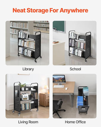 VEVOR Rolling Library Book Cart, 330 lbs Capacity, 38.2 x 20.3 x 48.2-Inch Library Cart, Double Sided W-Shaped Shelves with 3-Inch Lockable Wheels, Book Truck for Home Shelves Office and School, Black