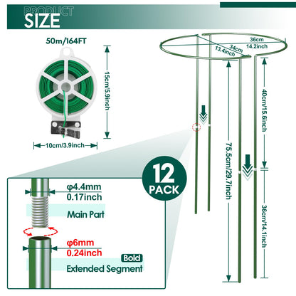 LKSSZS 12 Pack 30 inch Plant Support Stakes, Heavy-Duty Half Round Peony Support, Garden Plant Stakes Cage for Outdoor Plants, Peony, Tomato, Hydrangea, (15ln Support +15ln Stainless Extension Tubes)