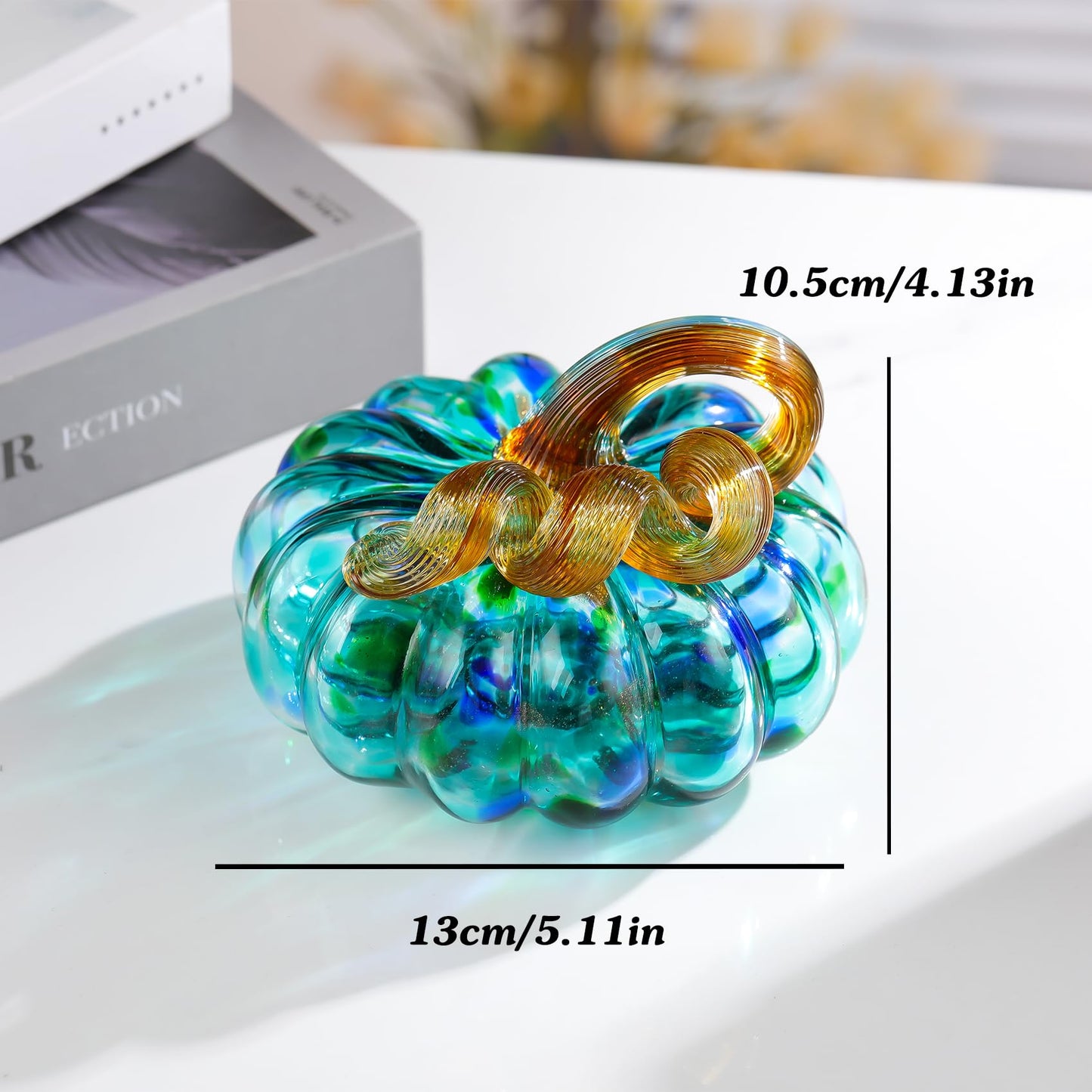 Arikyrist 5.1 x 4.1 Inch Hand-Blown Glass Pumpkin Dark Green Art Glass Pumpkin Figurine Paperweight Tabletop Decor for Fall Thanksgiving Halloween and Harvest