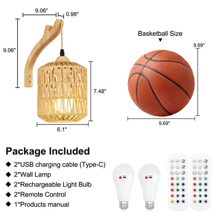 Frideko Boho Rechargeable Wall Sconces Set of Two with Remote, RGB 15 Colors Dimmable Battery Operated Wall Light, Indoor Wireless Wall Lamp with 3 Timer, Farmhouse Rattan Wall Lighting for Bedroom
