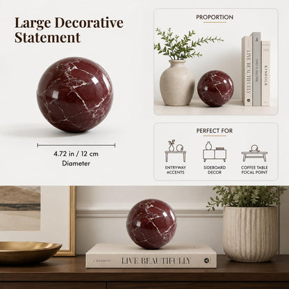 SIRIZEN-DIVING Rosa Levanto Marble Decorative Sphere, 12cm Large Solid Natural Stone Orb for Coffee Table, Console Table, Hotel, Entryway and Living Room Decor