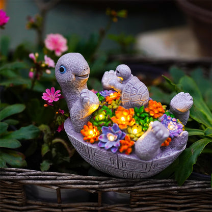 Pohabery Solar Turtle Figurines Garden Decor, Cute Turtle Statue with Baby with 7 LED Solar Lights Garden Lawn Decorations for Patio & Yard, Gifts for Mom, Gery