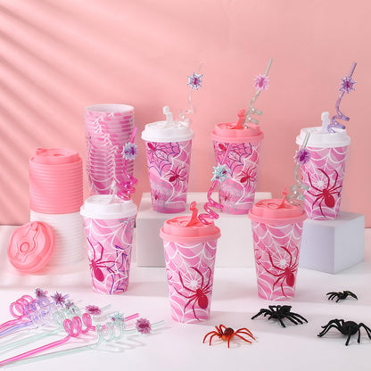 Yungyan 16 Sets Pink Spider Ghost Party Favors Goodie Cups with Lids and Straws for Halloween Party Decorations Reusable 16oz Plastic Candy Cups Plastic Straws for Birthday Gift (Pink Spider)