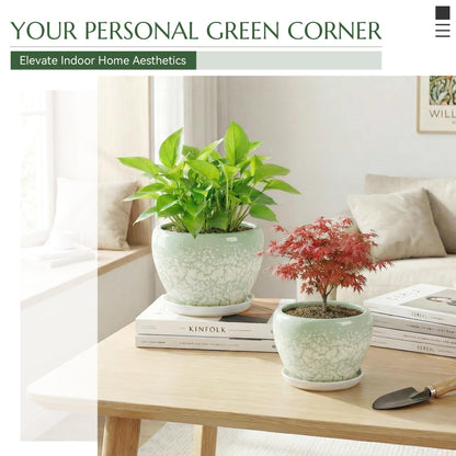TOSELBAI 10.2 Inch Ceramic Planter with Saucer Leak-Proof Mesh &Drainage, Round Plant Pot with Gardening Gloves for Indoor Outdoor Plants (Jade Green)