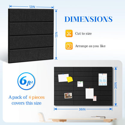 DOLLAR BOSS Felt Cork Board Tiles, 6 Packs 12" x 12" 1/2" Thick Bulletin Board Adhesive Acoustic Panels Soundproof Corkboards for Walls with 60 Pushpins for Home Office Kitchen School, Black Stripe