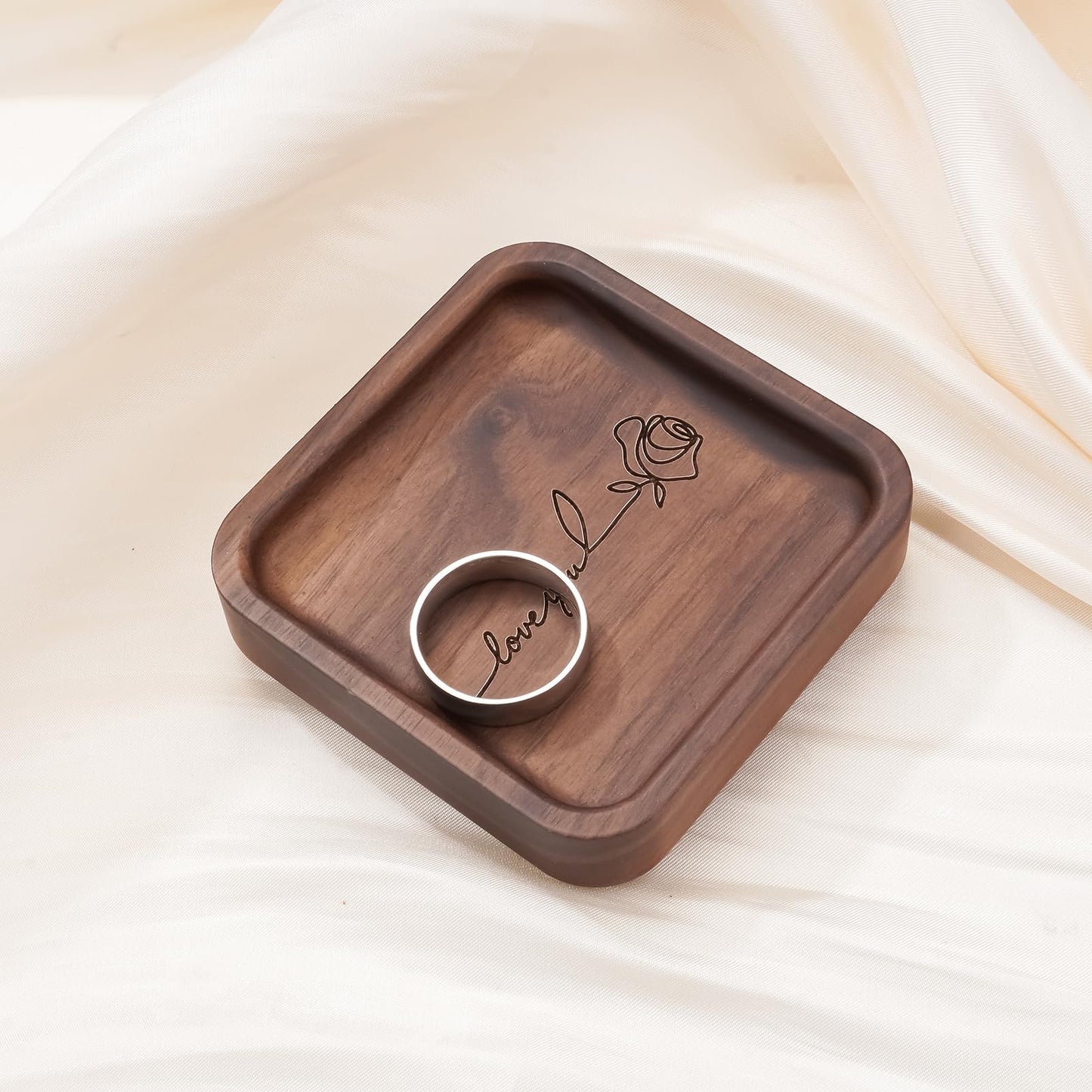 SOITIS Walnut Wooden Ring Tray Wedding Ring Dish Engagement Jewelry Dish for Couples Gift for Anniversary Christmas Birthday-Square