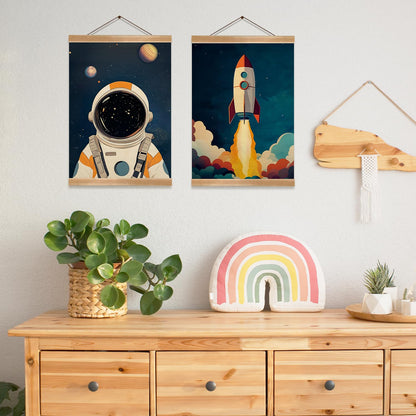 Astronauts and Rockets Poster Wall Art set of 2, Universe Wall Decor Wood Hanger, Spaceship Classroom Decor, Outer Space Planets Poster for Boys and Girls Nursery, Bedroom, Playroom, Toddler Room Decoration (Space travel-02)