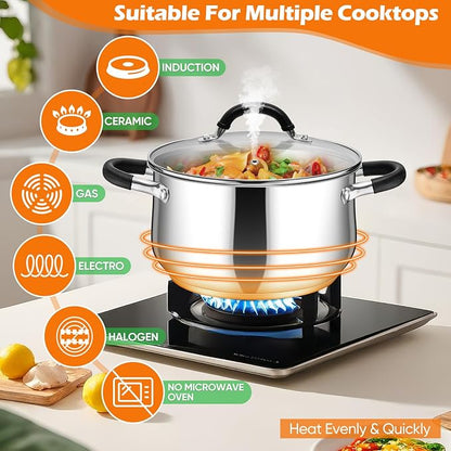 P&P CHEF Stainless Steel Stock Pot, 8 Qt Cooking Soup Pot with Visible Lid for Pasta, Tri-Ply Bottom & Dual Heatproof Handles, For Induction Gas All Stoves, Non-Toxic & Dishwasher Safe
