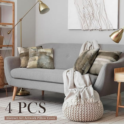 Brown Tan and Gray Set of 4 18 x 18 Inch Throw Pillow Covers,Taupe Modern Art Abstract Painting Home Decor Couch Pillow Covers Neutral Decorative for Sofa Bedroom Living Room