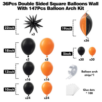 HKYOOD 36pcs Black and Orang Square Foil Balloons Wall Backdrop with 147pcs Balloon Garland Arch Kit, Double Sided Balloons for Halloween Graduation Birthday Anniversary Baby Shower Party Decorations