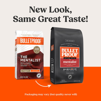 Bulletproof The Mentalist Medium-Dark Roast Ground Coffee, 12 Ounces, Clean Coffee Tested for Toxins, Packaging May Vary