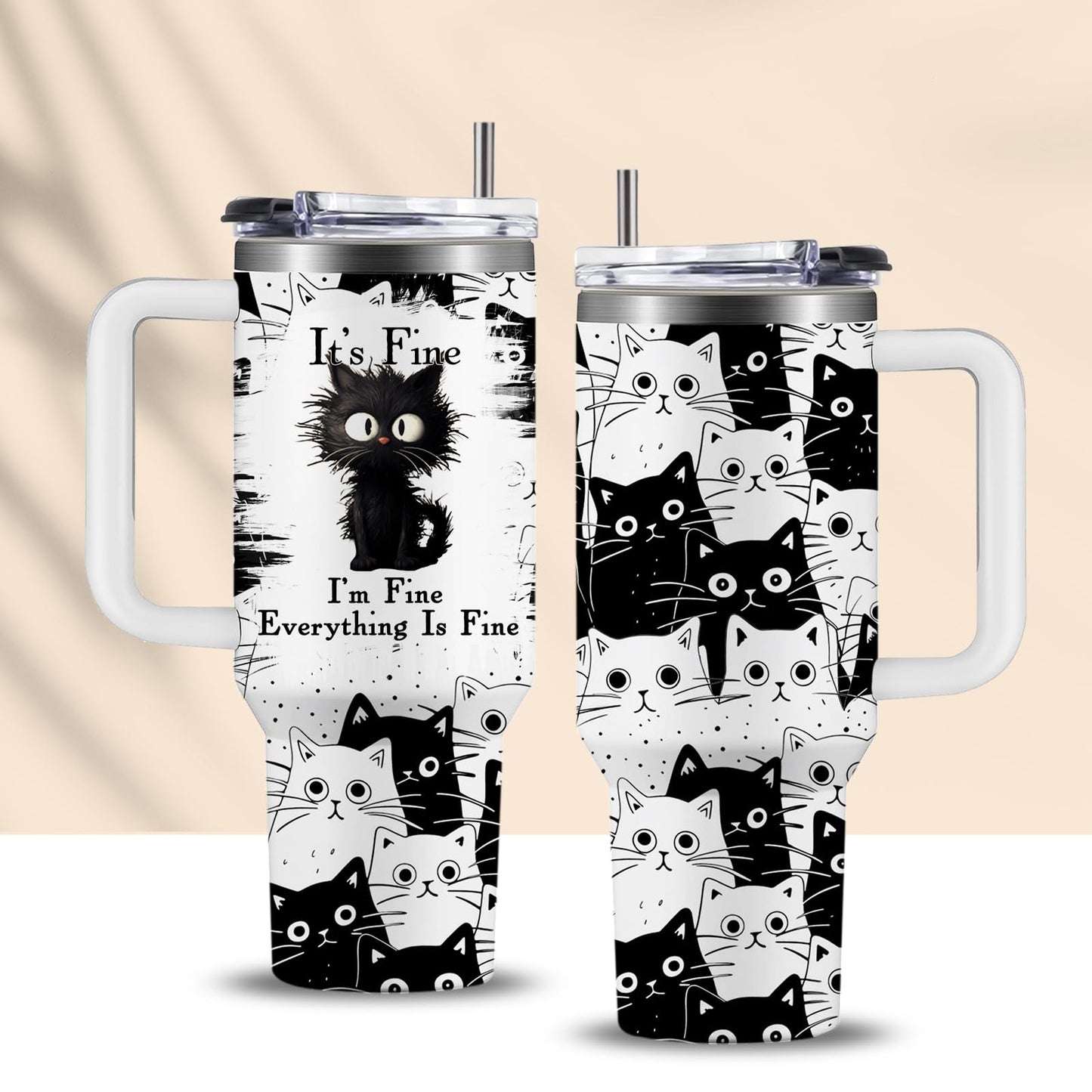 CGMIBAS Cat Lover Gifts, Gift for Cats Lovers Women Men Girls Funny 40oz Black Cats Themed Tumbler Cups with Handle - Everything Is Fine Mug, Christmas Birthday Gift for Black Cat Mom Lady Gifts Cup