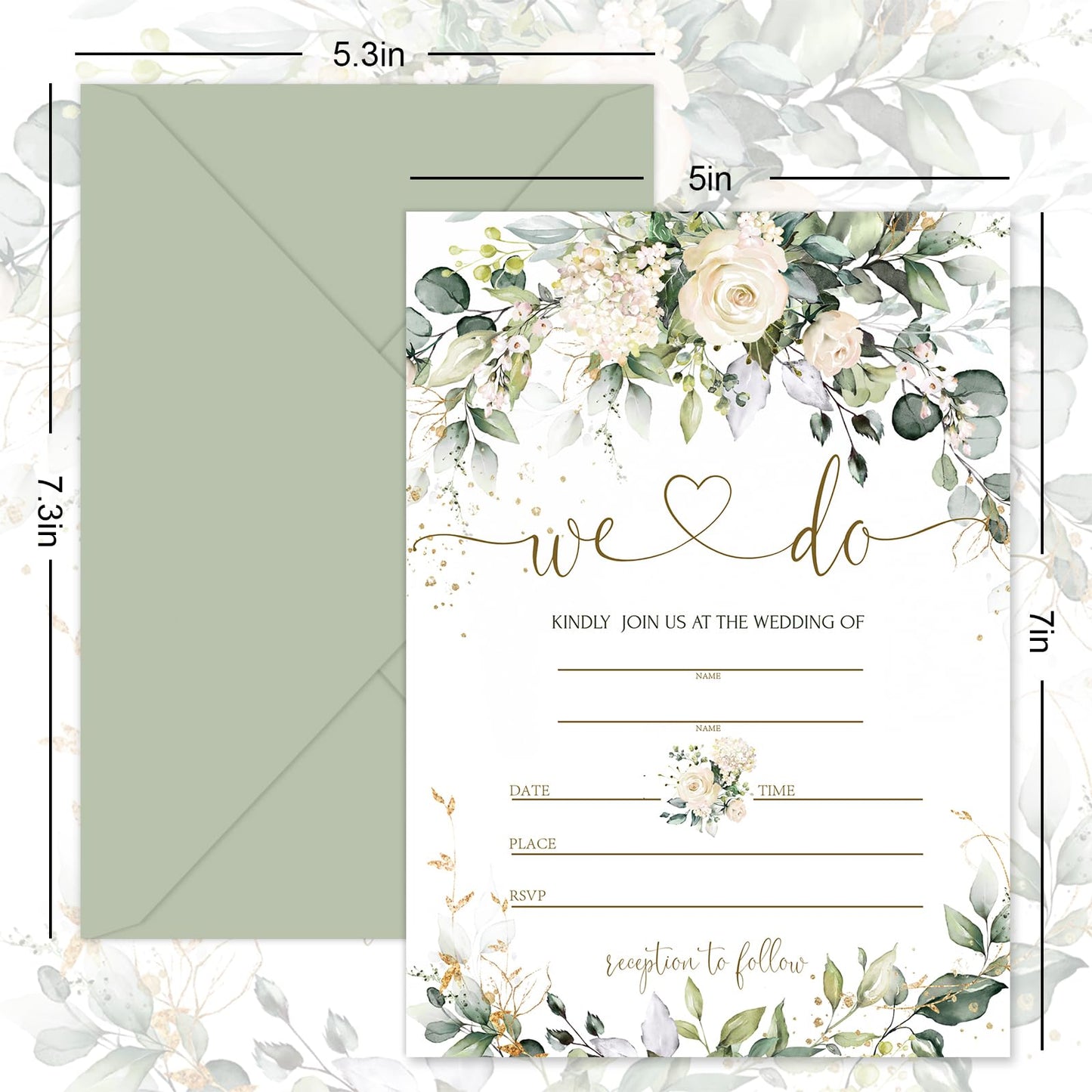 Whaline 25 Sets Greenery Floral Wedding Invitation with Envelopes Stickers Eucalyptus Leaves Fill in Blank Invites Cards for Bridal Shower, 5 x 7 Inch