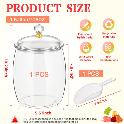 mwellewm 128 OZ Candy Jar with Lids Large Plastic Cookie Jar with Spoons Clear Apothecary Container Decorative Kitchen Airtight Snack Storage Organization for Wedding Home Kitchen Bar Decoration