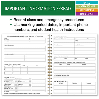 Elan Publishing Company HARDCOVER 7 Period Dated Teacher Lesson Plan; Days Horizontally Across The Top Dated for 2026-2027 Academic Year with Bonus Clip-in Bookmark (Black Tree Seasons)