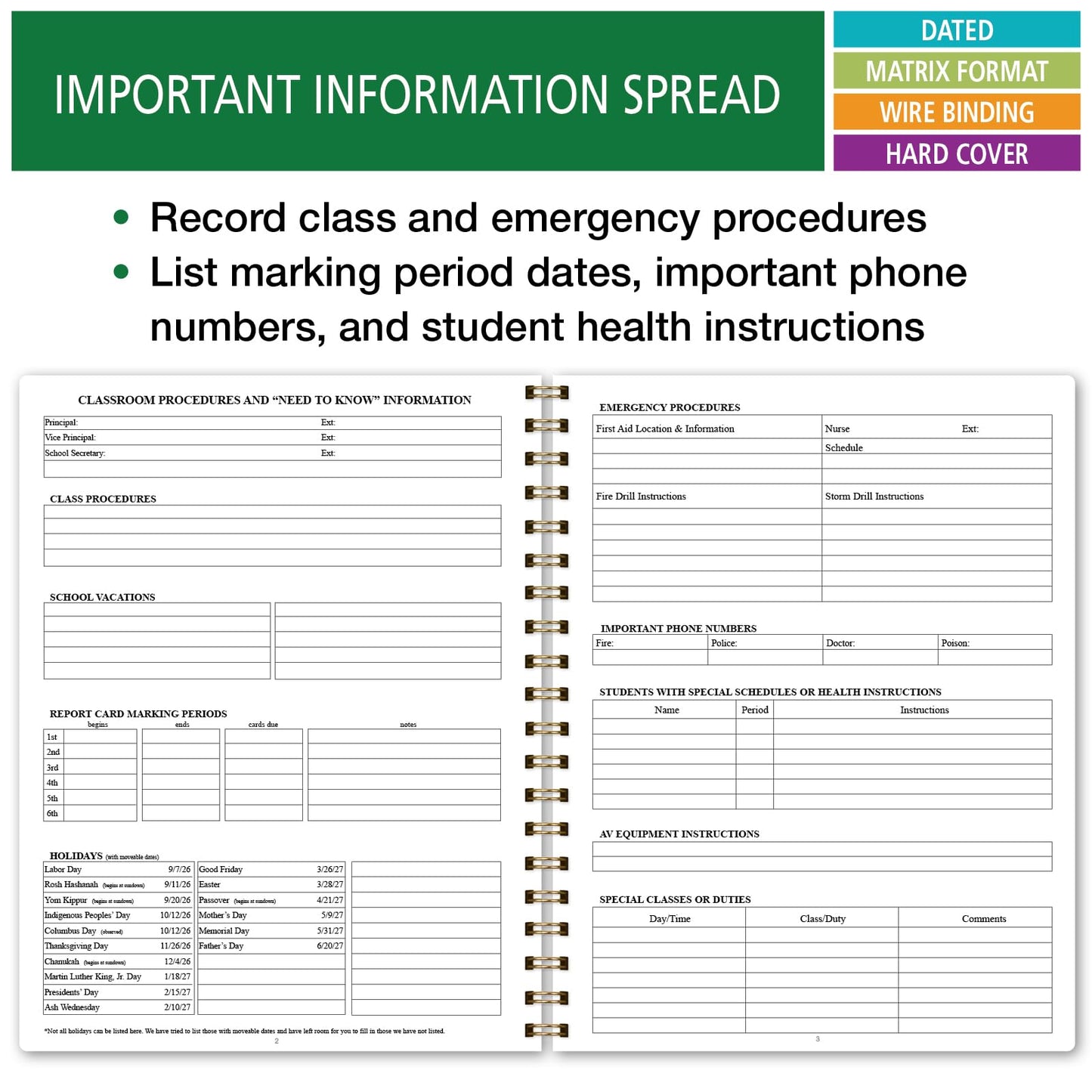 Elan Publishing Company HARDCOVER 7 Period Dated Teacher Lesson Plan; Days Horizontally Across The Top Dated for 2026-2027 Academic Year with Bonus Clip-in Bookmark (Teal Floral)