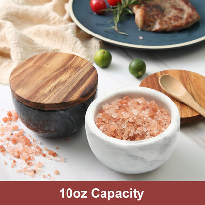 jalz jalz Salt Box Salt cellar with spoon Black Marble Base Natural Acacia Top Decorative Boxes Spice Seasonings Keeper Salt Container Elegant Design Salt Cellar Spice Cellar