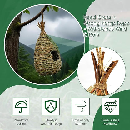 Gute Hummingbird Houses for Outside Hanging, Natural Grass Hanging Bird Hut, Hand Woven Bird Nest, Large Wren Finch Bird House for Garden Window Outdoor Home Decoration, 3 Pack