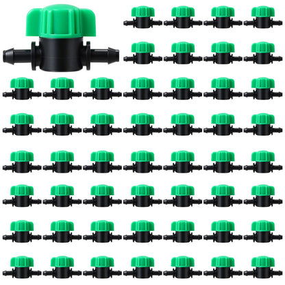 Innconee 50 Pcs 1/4 Inch Barbed Shut off Valve Drip Irrigation Tubing Coupling Valve Universal Drip Irrigation for 1/4" Tubing Greenhouses Flowers Beds Lawns Farmland(Green,Barbed Shut off Valve)