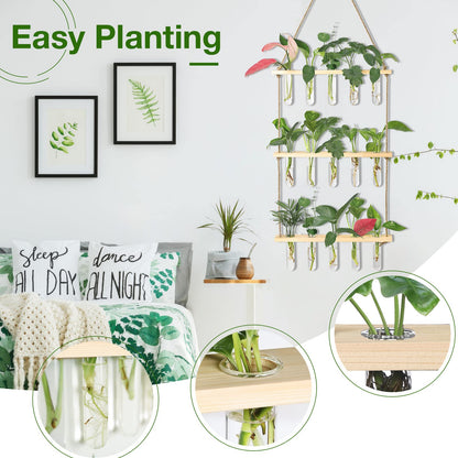 XXXFLOWER Wall Hanging Propagation Station with Wooden Stand 5 Glass Test Tubes 3 Tiers Planters Wall Terrarium for Home Office Plant Hanger Flower Vases Wall Decor Hydroponic Cuttings