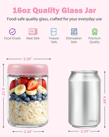 16 oz 6Pack Overnight Oats Containers with Lids, Airtight Leakproof Wide Mouth Glass Mason Jars, Reusable & Portable for Meal Prep, Yogurt, Salads, Smoothies, Spice, Sugar, Snacks & Food Storage-clear