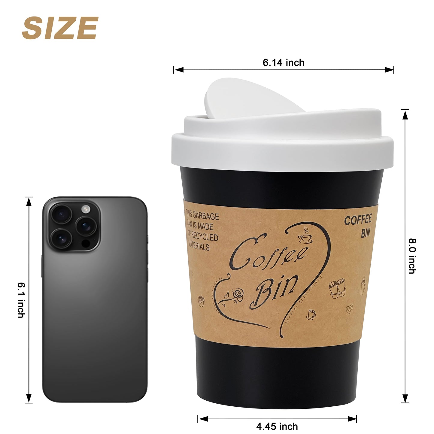 Soddeph Plastic Mini Trash Can with Swing-Top Lid, 0.9 Gallon Desktop Waste Bin for Coffee Table, Office, Small Countertop Wastebasket for Counter, Vanit (White Lid + Black Can, Small)