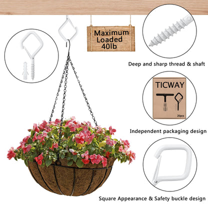 Ticway 30 Pcs Outdoor Hooks for String Lights,Screw Hooks for Hanging Plants,Ceiling Hooks with Safety Buckle,Square Hanger for Wind Chimes,Bird Feeder,Lanterns,Christmas Decorations (White)