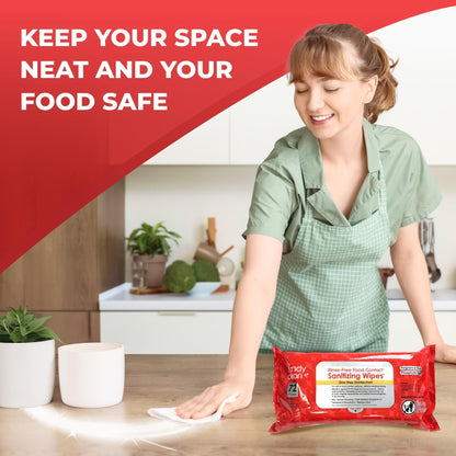 HandyClean Rinse-Free Food Contact Sanitizing Wipes Pouch, Multi Surface Cleaning Supplies for Kitchen and Professional Setting - 1 pack, 71 count