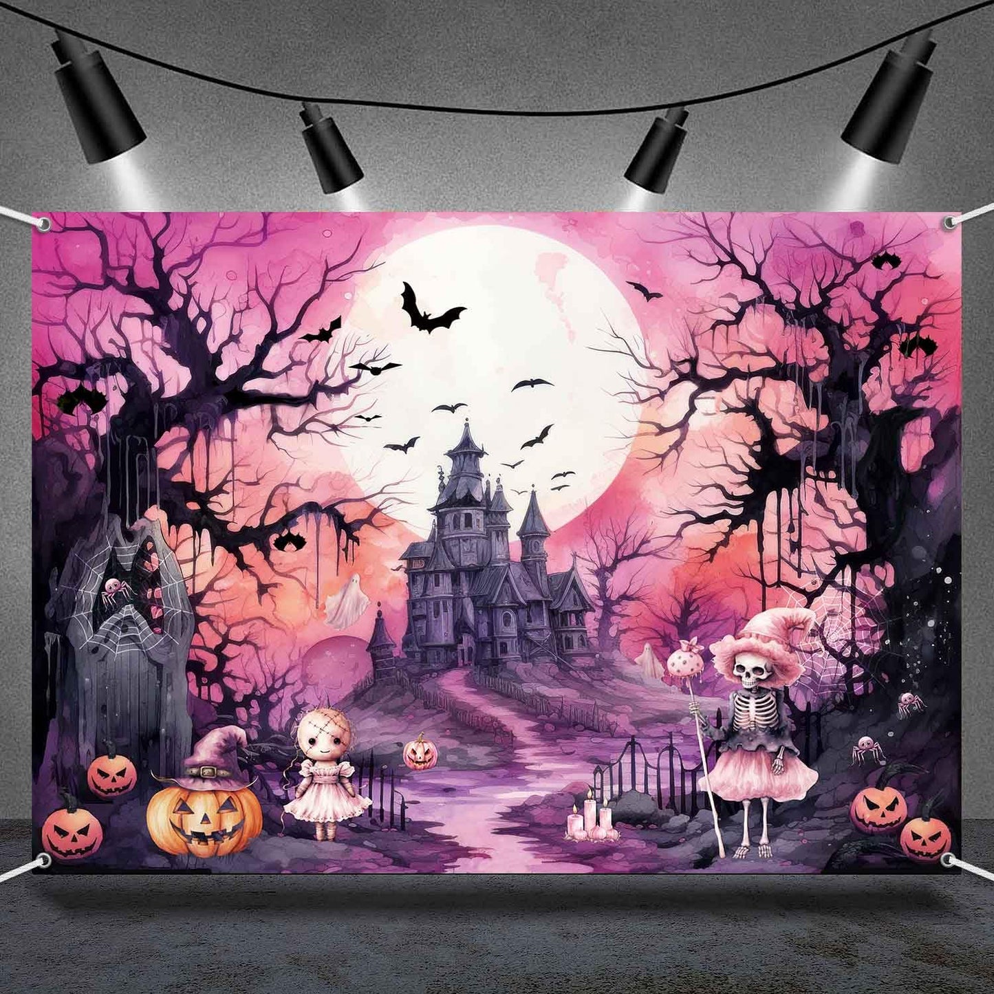 LDWLYW Pink Halloween Backdrop Banner Spooky Witch Halloween Birthday Party Decorations Pink Black Ghost Boo Haunted House Photo Backdrop Background Wall Decor for Girls Kids 7x5 ft