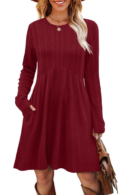 OFEEFAN Long Sleeve Dress for Women Crew Neck Empire Waist Tunic Dress with Pockets
