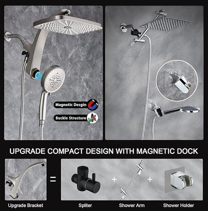 BOZYBO Rain Shower Head with Handheld: High Pressure Shower Heads with Handheld Spray Combo, 12" Rainfall Shower Head and 9 Sprays Hand Showerheads with Magnetic Docking and Power Jets, Nickel 1.8GPM