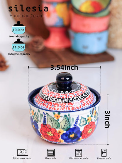silesia Handmade Sugar Bowl with Lid and Spoon, 10 Ounce Ceramic Hand-Painted Sugar Jar for Kitchen in Gift Box, Kitchen Decor, Oven, Dishwasher & Microwave Safe, Polish Garden