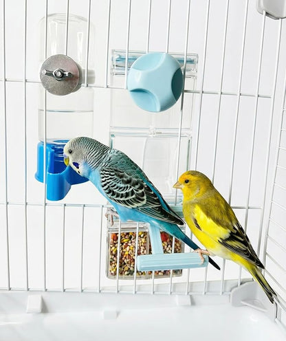 Automatic No Mess Bird Cage Feeder and Water Dispenser Set for Parakeet Cockatiel Parrot Lovebird, 2 in 1 Cage Hanging Food Bowl for Small Birds, No Spill Bird Feeder Container