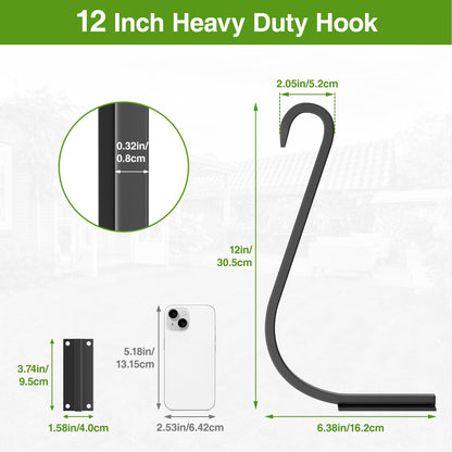 saffruff 12 Inch 4 Pack Plant Hangers for Indoor/Outdoor Wall Mount - Heavy Duty Hanging Plant Holder & Bird Feeder Hooks, Decorative Black Metal Wall Hangers for Plants, Flower Baskets