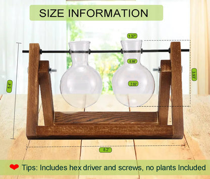 Kingbuy Glass Desktop Planter with Retro Wooden Stand and Plant Terrarium vase (2 Bulbs) for Indoor Office Desk Decor Accessories