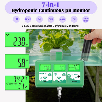EZTOCH pH Monitor Hydroponic Continuous 7 in 1 EC pH TDS CF ORP Monitor, WiFi Continuous Monitoring pH EC PPM Humidity Temp Meter of Aquaponic, DWC Hydroponic System, Aeroponic Garden