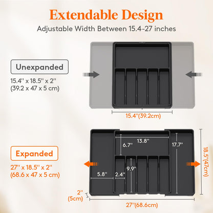 Lifewit Silverware Drawer Organizer, Expandable Utensil Tray for Kitchen, BPA Free Flatware and Cutlery Holder, Adjustable Plastic Storage for Spoons Forks Knives, 8.5"-14.1" x 12.1", Black