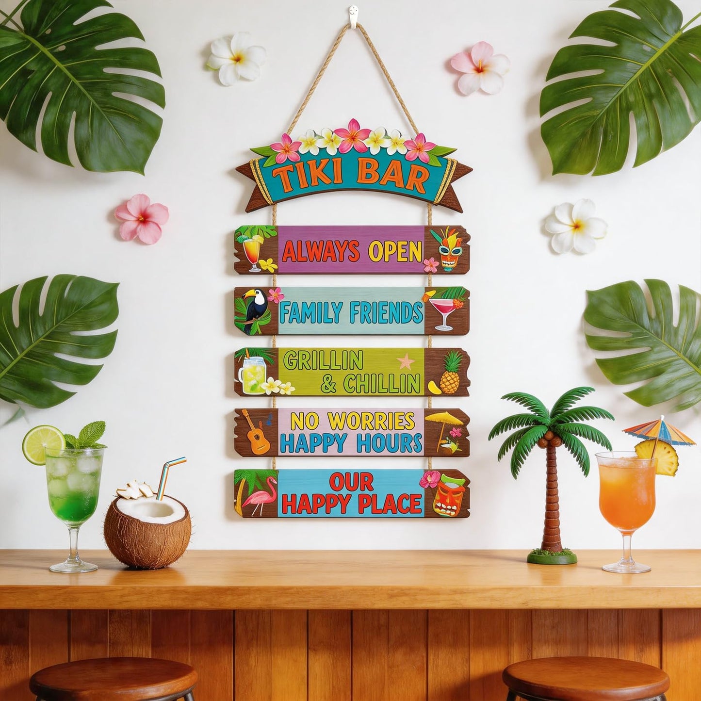 HOURIA Funny Tiki Bar Welcome Hanging Wood Sign,Tropical Hawaiian Luau Party Decorations(11.4"X21"),Funny Summer Tiki Bar Decor, Carnival Aloha Decoration for Outside Patio Backyard Beach