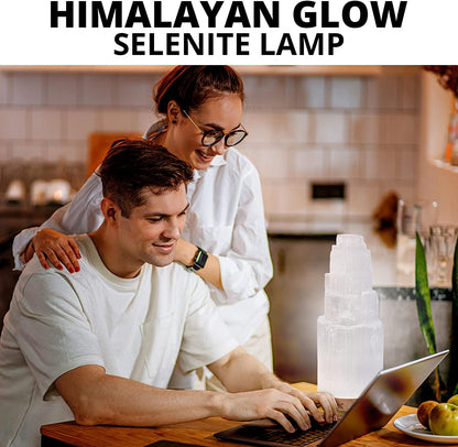 Himalayan Glow Selenite Crystal Lamp 20cm, Moroccan (ETL Certified) Tower Lamp with Wooden Base & USB Charging Cable, Anxiety Relief Healing Crystals for Home Decor