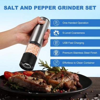 JXAVO 2 Pack Electric Salt and Pepper Grinder Set, Salt and Pepper Shakers with LED Light, USB C Dual Charging Base, Adjustable Coarseness, One-Hand Operation, Large Capacity for Kitchen, Dining & BBQ
