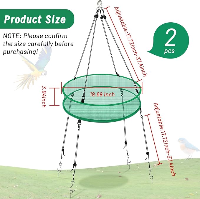 2Pcs Bird Seed Catcher Tray for Hanging Bird Feeder Platform, 20'' Birdfeeder Trays with Wind Rope and Stakes, Birdseed Hoop for Hummingbird Feeders Bee Feeder Outdoor Garden Accessories