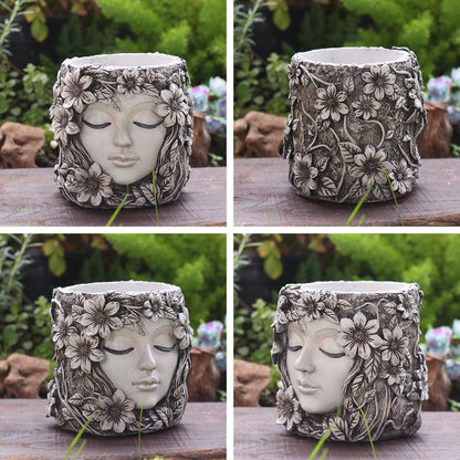 YOYLMAL Floral Face Planter Pot, 5.9” Resin Women's Head Succulent Planter for Indoor Outdoor Plants, Unique Flower Pot with Drainage Hole, Gifts for Women Mom