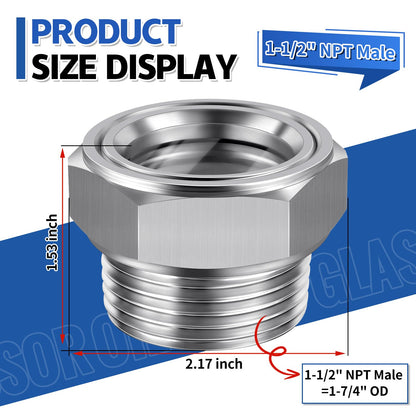 Boltigen 1-1/2'' NPT Male Hex Head Stainless Steel Oil Sight Glass, Liquid Level Gauge Oil Indicator Window for Air Compressor Gearbox Fittings Hydraulic Tank (1-1/2'' NPT Male)